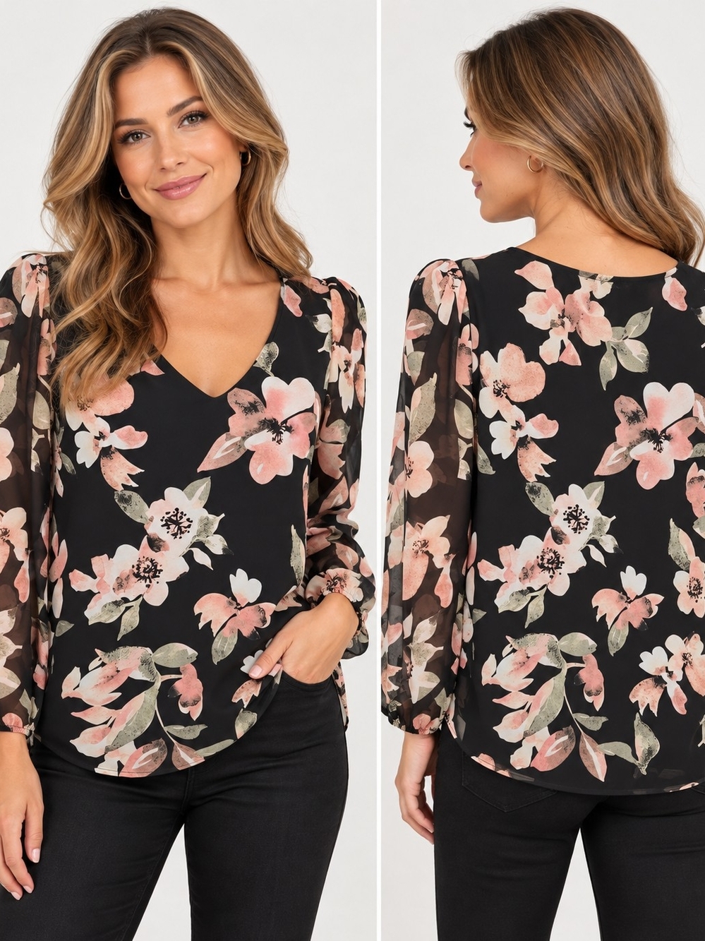 Laura Floral Blouse Women’s Small Black Pink Floral V-Neck